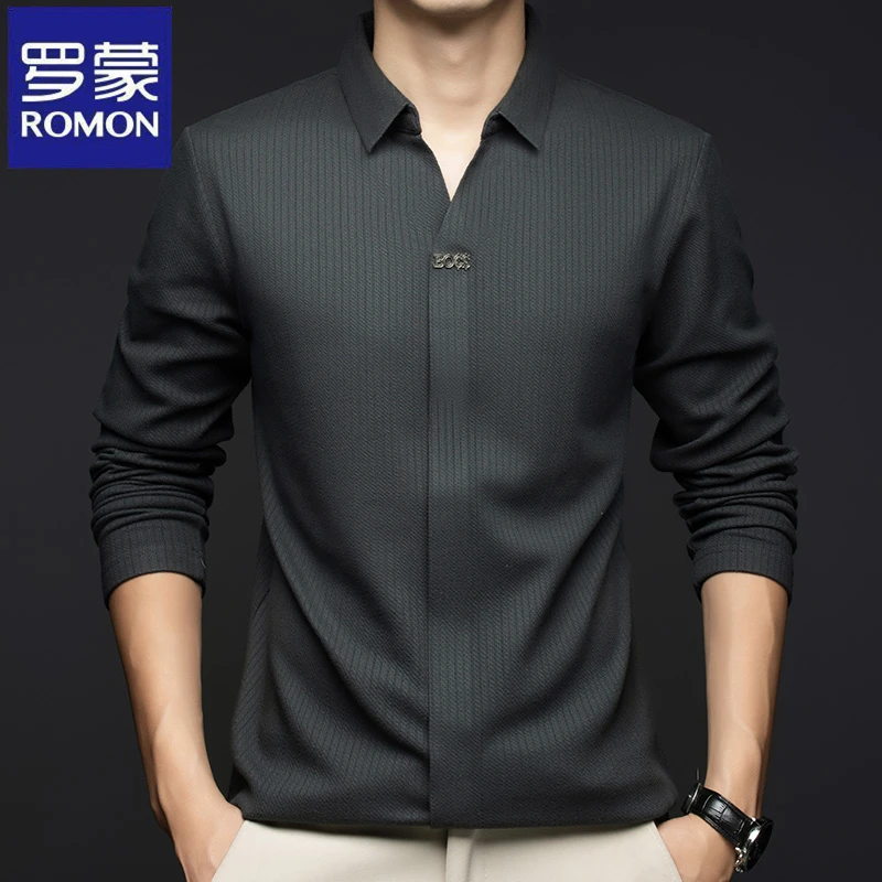 罗蒙高档男士纯色无痕衬衫春秋季时尚长袖商务轻奢中青年打底衬衣