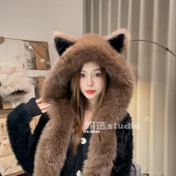 【妲己】加厚狐狸耳朵帽子围巾一体毛绒绒秋冬季显脸小高颜值抗冻