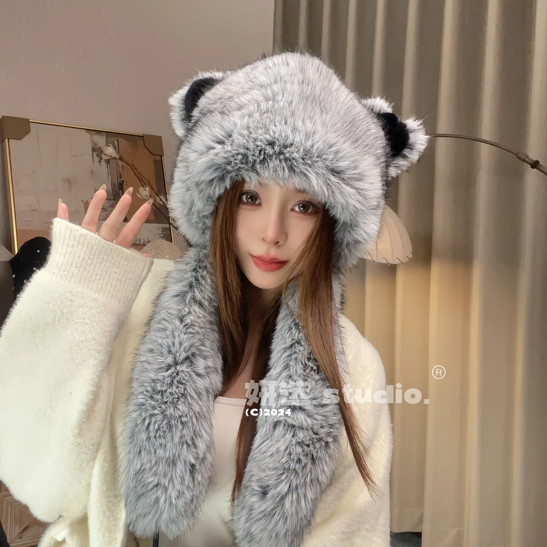 【小浣熊】可爱毛绒帽子围脖一体秋冬新款高品质保暖包头抗冻护耳帽