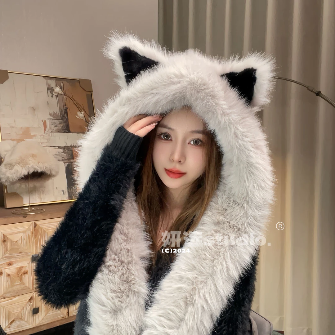 【妲己】毛绒绒加厚毛毛耳朵帽子围巾冬季百搭显脸小防风雪帽