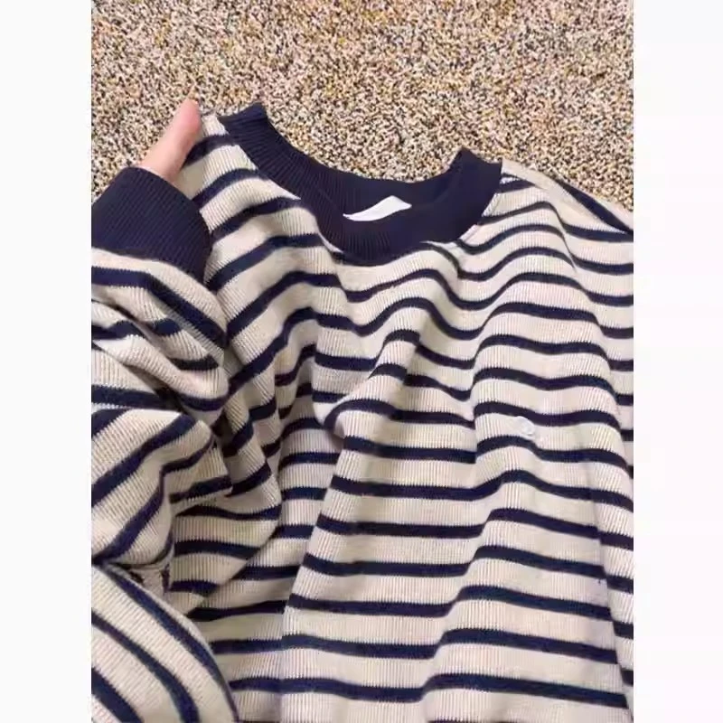 港味chic条纹圆领卫衣女2024新款爆款大码设计感春秋薄款长袖上衣