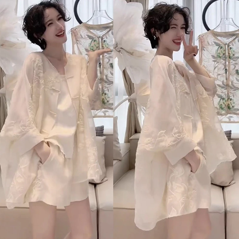 欧洲站2024夏季新款高级感盘扣圆领衬衫上衣女百搭高腰纯色短裤潮