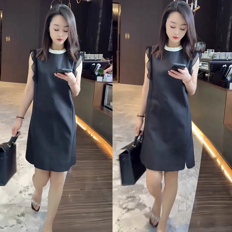 气质显瘦撞色拼接木耳边连衣裙女欧洲站2024夏季新款法式休闲短裙