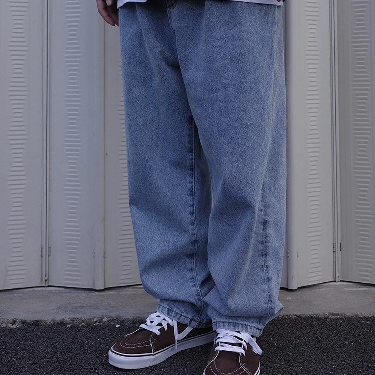 春季宽松潮牌情侣青少年日系复古水洗做旧浅蓝牛仔长裤