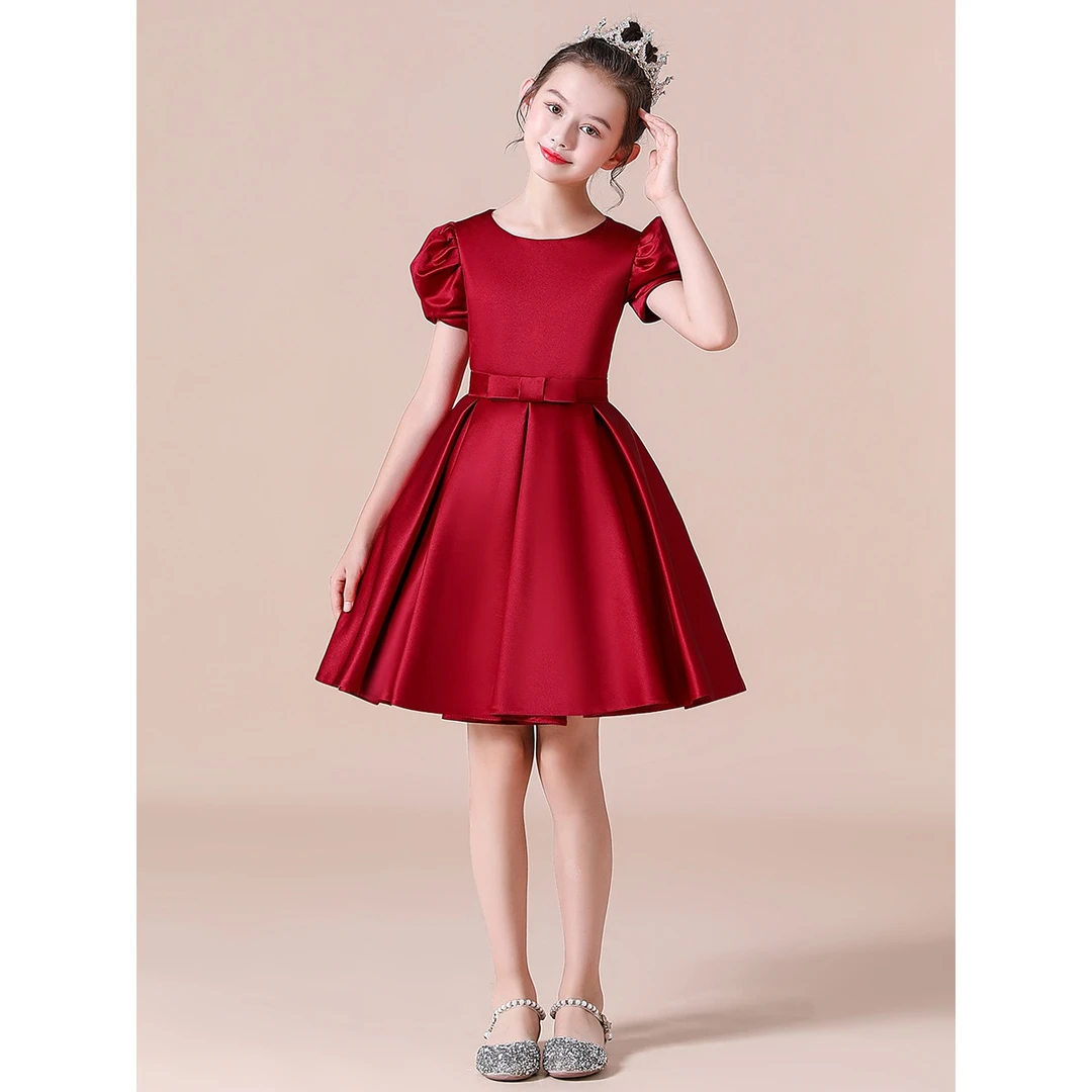 【钰格格】新款女童圣诞节公主裙元旦红色缎布主持礼服诗朗诵短袖钢