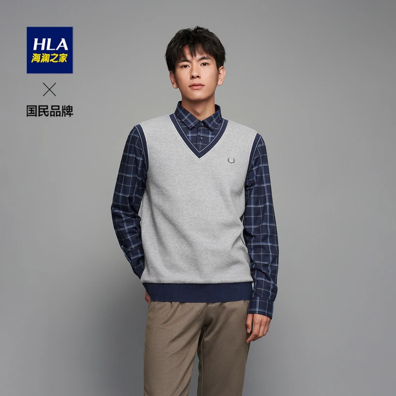 HLA/海澜之家内里加绒保暖针织衫背心款套头假两件男