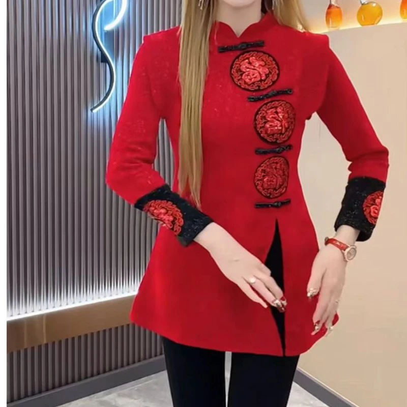 中国风盘扣设计感中长款开叉上衣女2024秋冬新款收腰显瘦时尚t恤