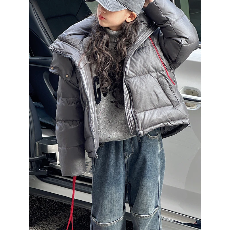 K27913设计感女童羽绒服冬装2024新款儿童白鸭绒加厚连帽外套保暖