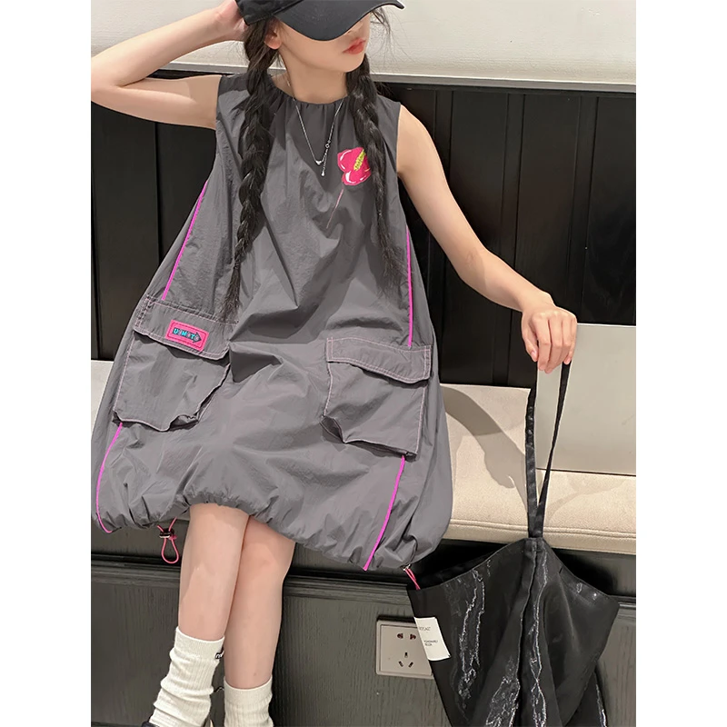 K26852花苞式女童夏季工装连衣裙2025新款儿童无袖裙子女孩背心裙