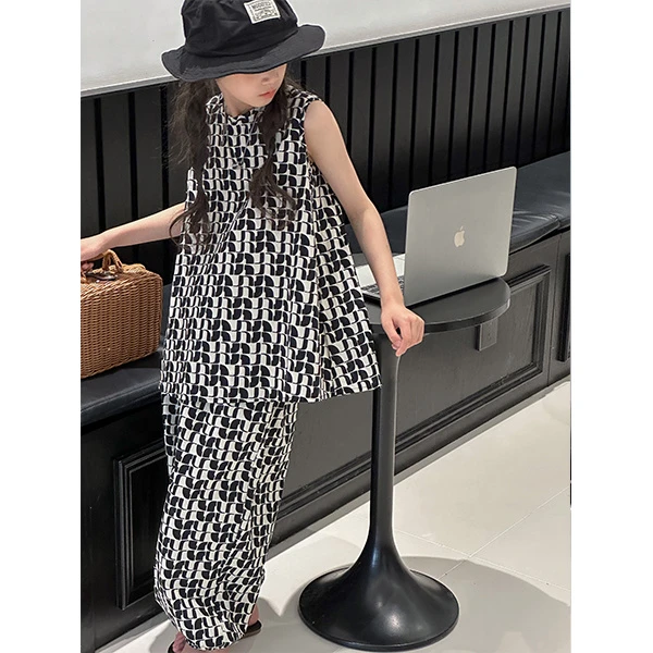 K24239韩国童装女童套装夏2025新款时髦黑白格夏装休闲无袖两件套