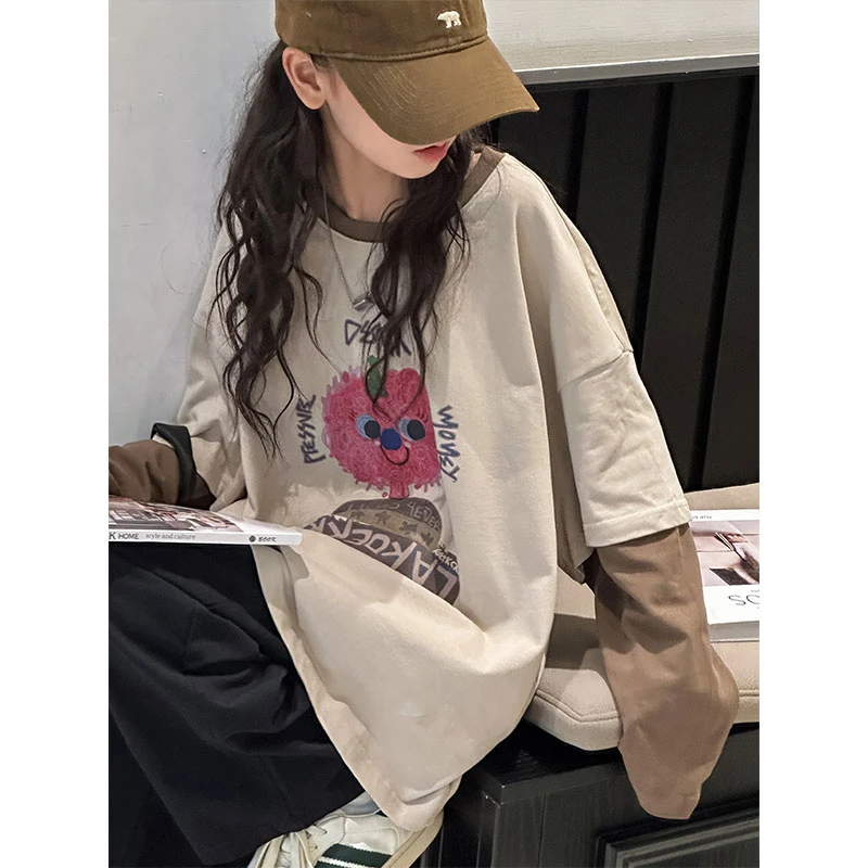 K26970孙小美假两件女童T恤秋冬装加绒加厚宽松长袖上衣2025