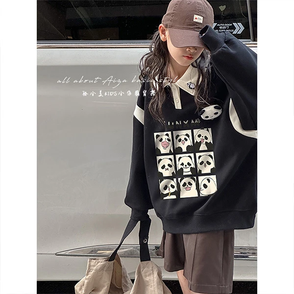 K24554韩国童装女童POLO领卫衣秋冬儿童加绒加厚立体熊猫上衣潮款