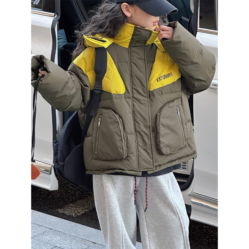 K27930撞色女童羽绒服2025新款冬装儿童加厚连帽外套大童衣服保暖