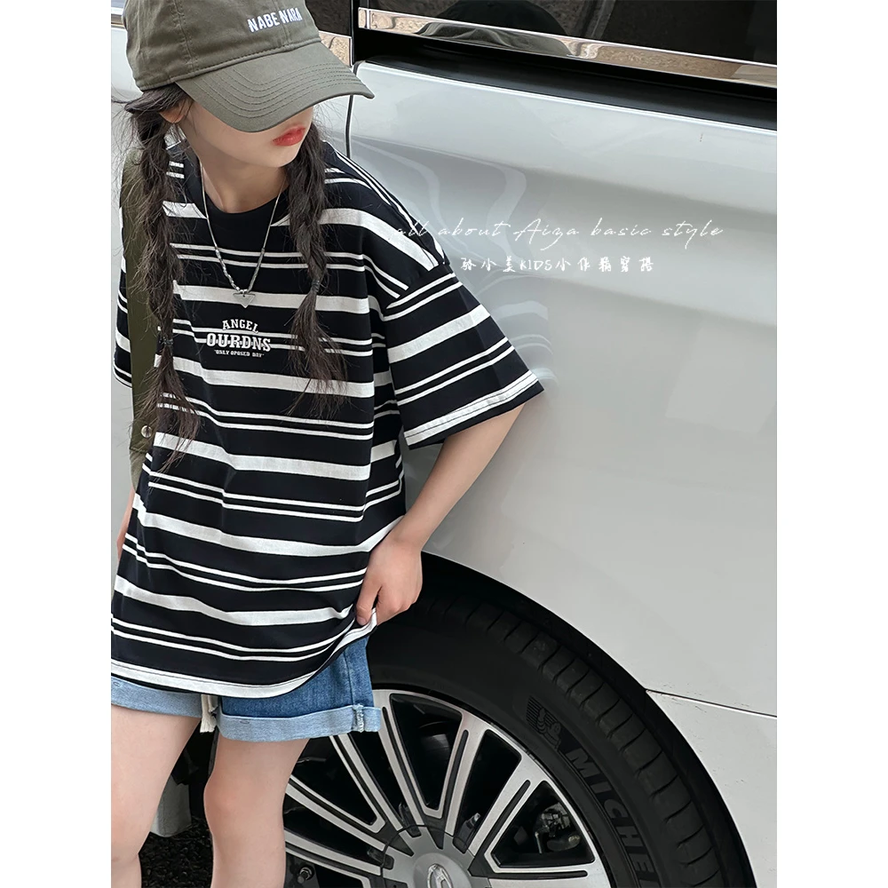 K23634女童短袖T恤2025新款夏季儿童上衣宽松条纹女大童洋气夏装