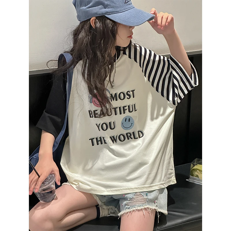 K26527插肩袖女童夏装短袖T恤2025新款儿童洋气上衣宽松休闲打底t