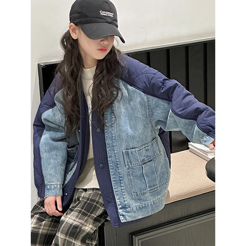 K27803孙小美拼接女童牛仔外套2025新款秋冬装儿童加厚棉服袄