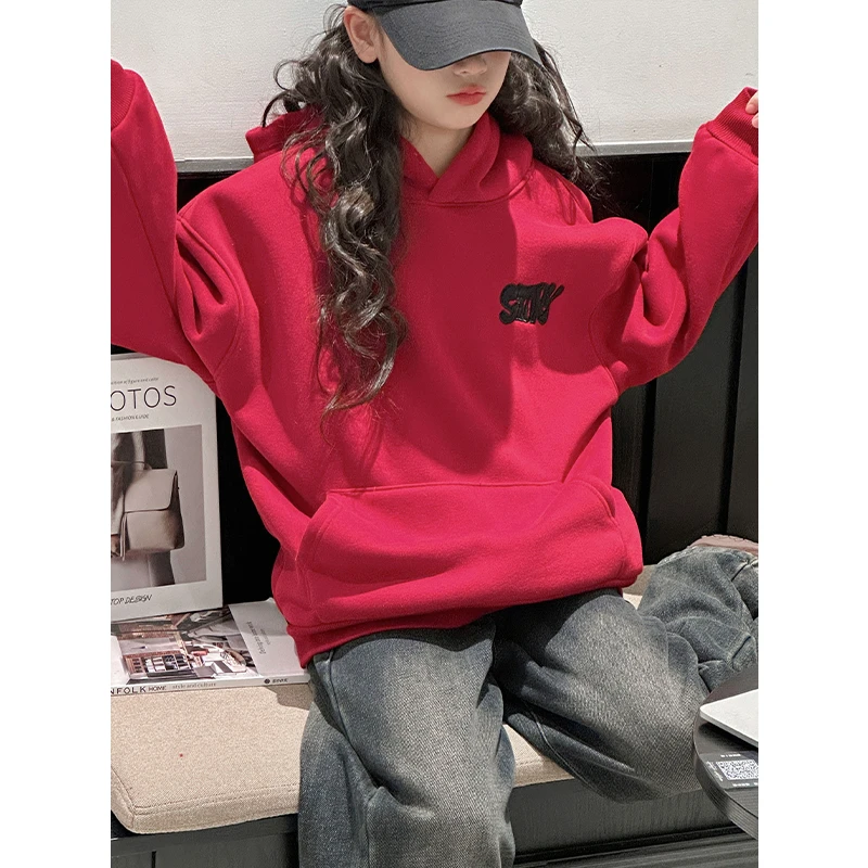 K27980女童卫衣2025新款秋冬装加绒加厚儿童连帽上衣红色年装时髦
