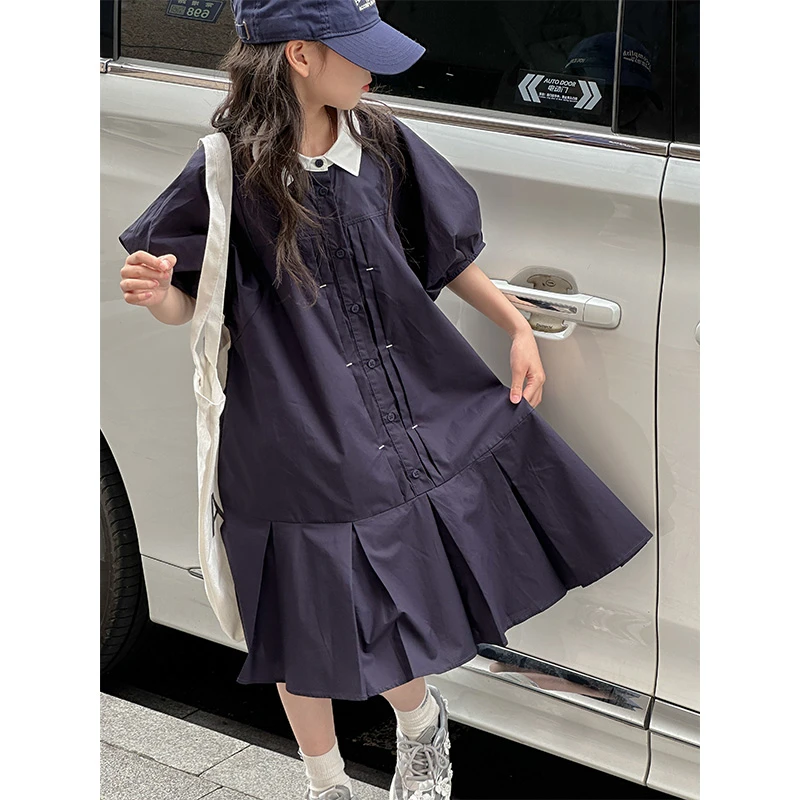 K26071 Polo领女童学院风连衣裙2025新款夏季儿童短袖裙子A字裙潮