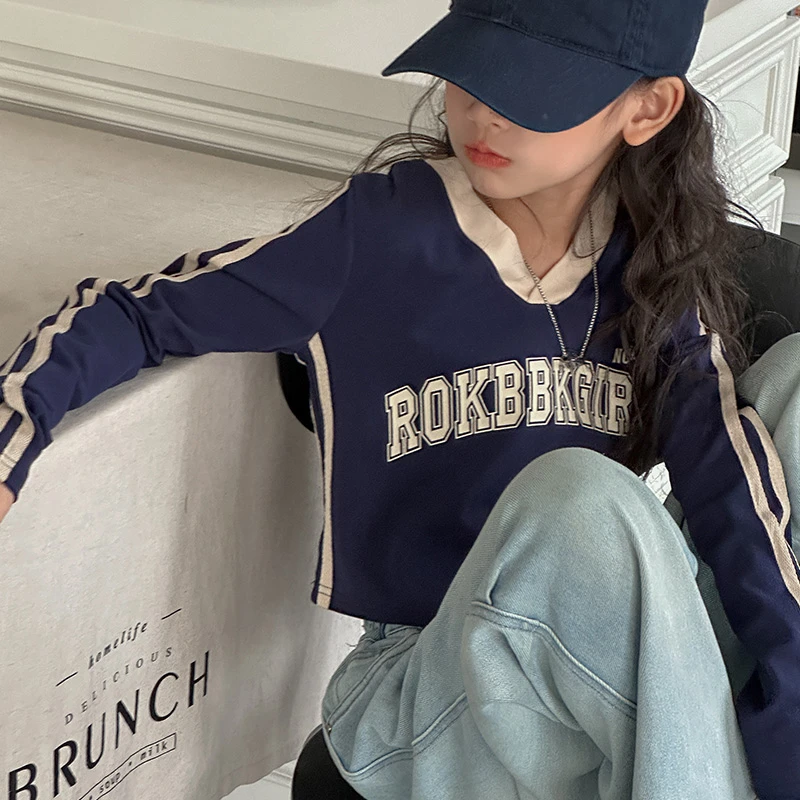 K25760女童春秋装短款T恤儿童长袖上衣2025新款大童打底衫衣服潮t