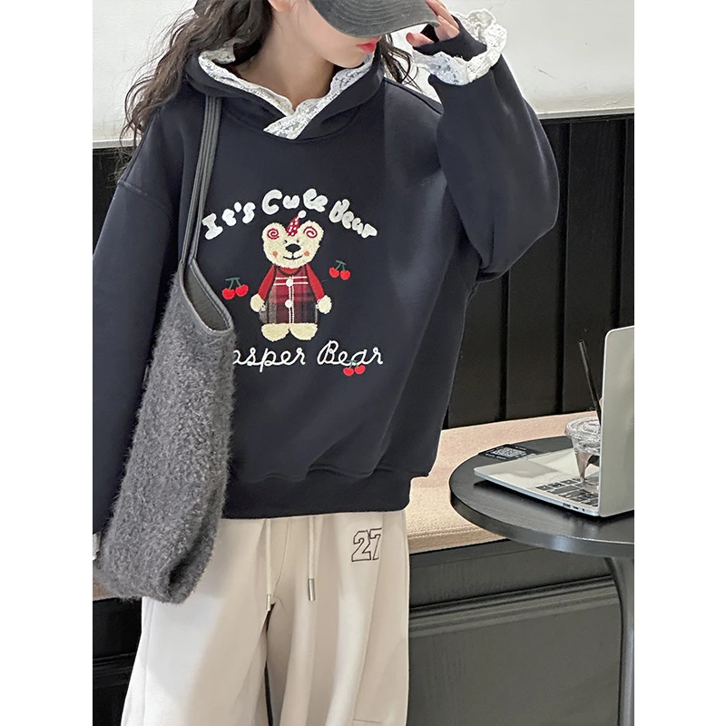 K27798蕾丝花边女童卫衣2025新款秋冬装儿童加绒加厚连帽洋气上衣