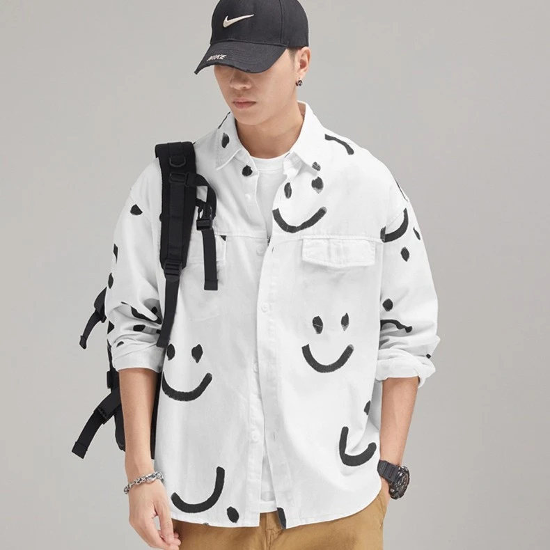 【57小妹专属】宽松印花衬衣男装外穿衬衫笑脸个性复古外套大码