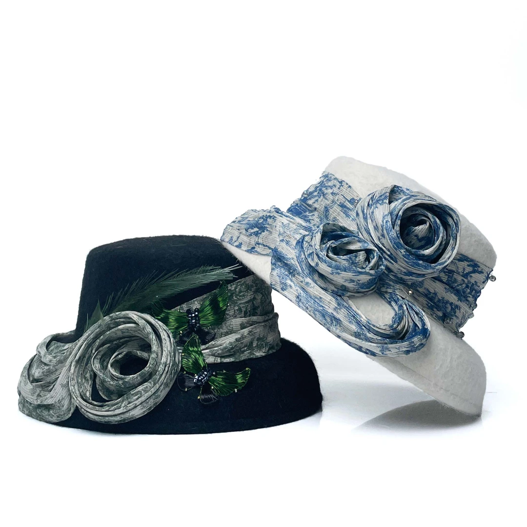 KELAODIKAIDA/秋冬高定设计师新款时尚兔毛拉绒拧花蝴蝶赫本帽