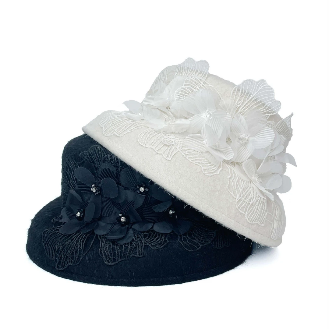 【映日荷花】KELAODIKAIDA/秋冬新款百搭兔毛拉绒花朵镶钻赫本帽