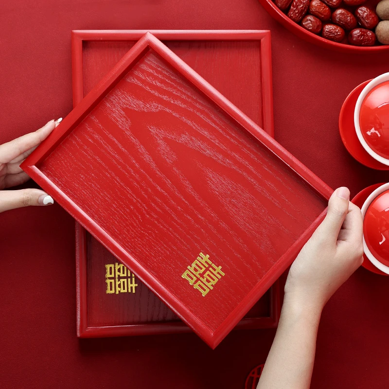 红色托盘婚庆茶盘敬茶果盘木质结婚中式长方形免费刻字定制圆盘