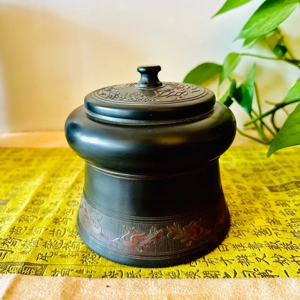 钦州坭兴陶黑色淘宝锦4两装坭兴陶醒茶罐茶叶罐