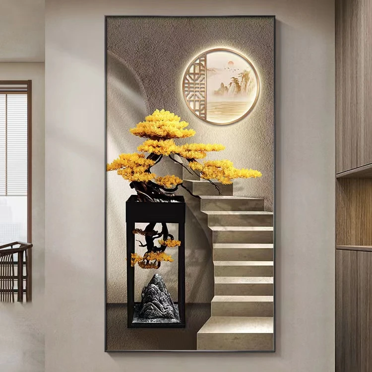 步步高升玄关装饰画轻奢好走廊过道挂画高级感入户正对门带灯画