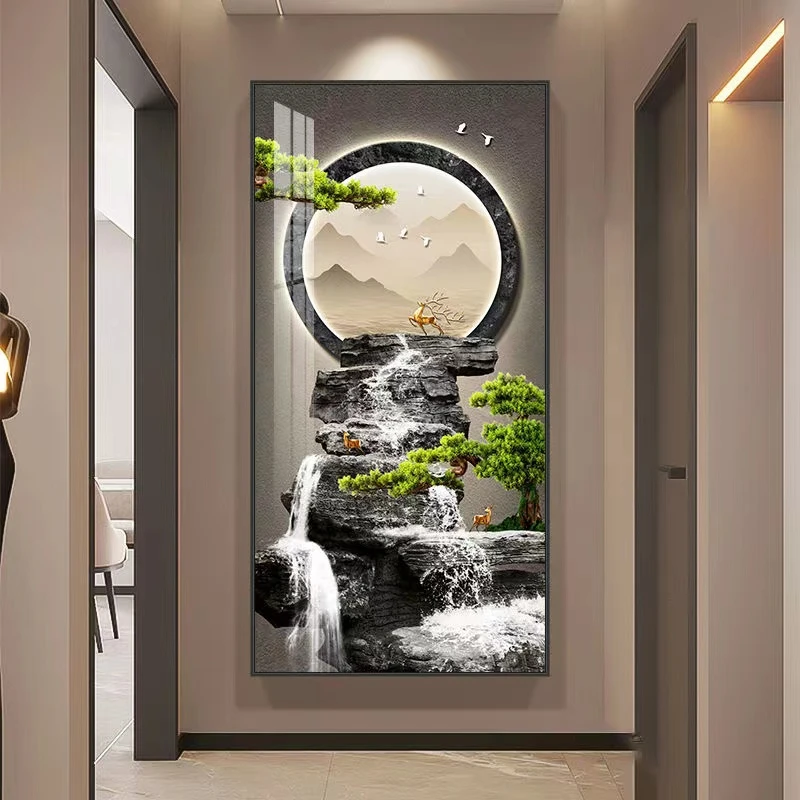 <迎客松>玄关画流水双鹿客厅过道入户正门装饰晶瓷挂画灯光画