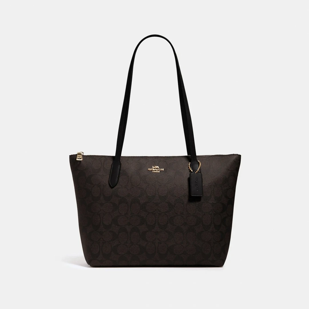 COACH 蔻驰 ZIP TOP 30经典深棕老花拉链单肩包女士托特包4455