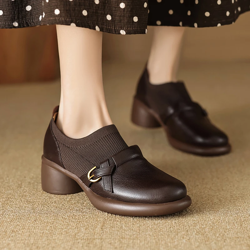 羊皮/5cm/秋冬百搭真皮软底复古粗跟英伦风圆头时尚深口妈妈鞋女