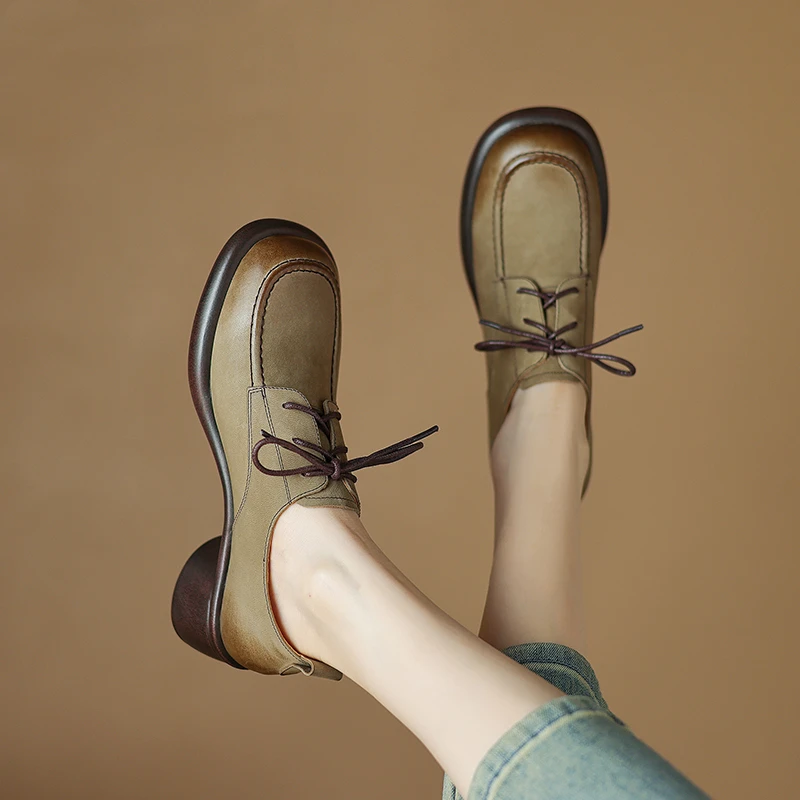 羊皮/5cm/春秋百搭真皮软底复古春季英伦风圆头厚底粗跟秋季单鞋