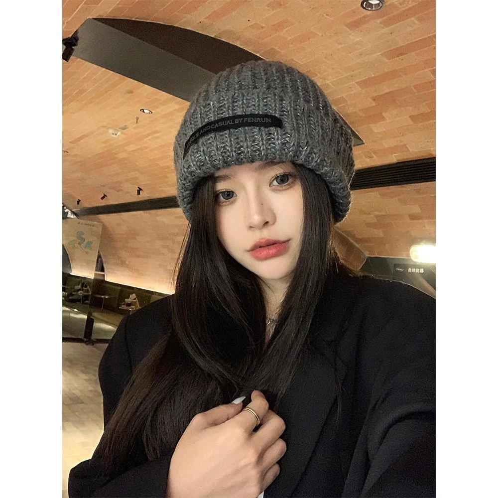 冬季灰色粗针织毛线帽女秋冬大头围显脸小冷帽潮宽松日系帽子
