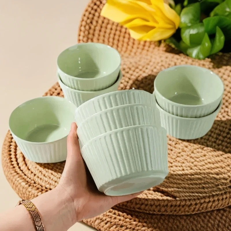 家用新款罗马竖纹奶油风陶瓷米饭碗2/8只高颜值耐高温纯色吃饭碗