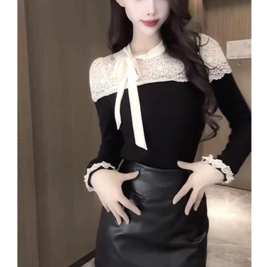 蝴蝶结蕾丝拼接针织打底衫女秋冬高级感洋气独特别致毛衣内搭上衣
