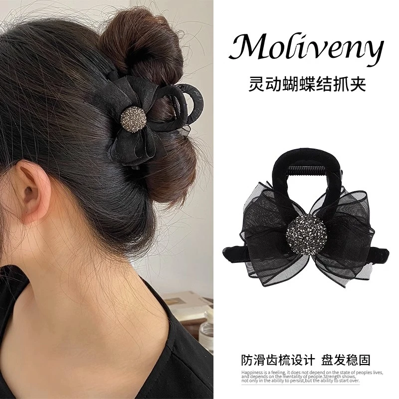 非金属布艺发饰 气质黑色蝴蝶结抓夹水钻夹子女后脑勺盘发鲨鱼夹