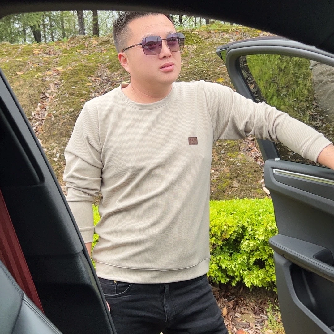 男爆款春秋季长袖 户外休闲华夫格T恤宽松百搭纯色薄款圆领打底衫