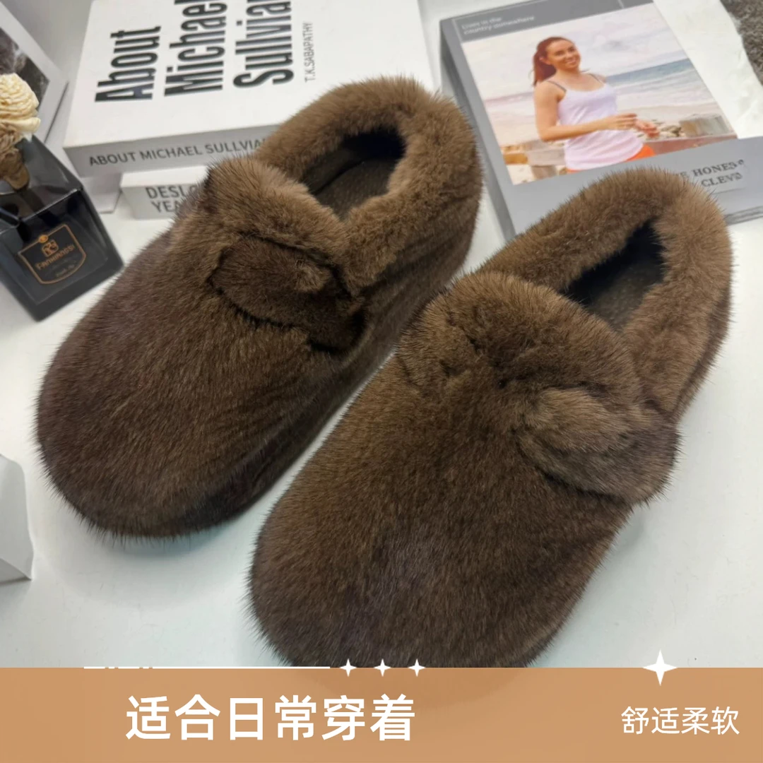 进口水貂毛全包鞋咖啡貂整皮外穿鞋新款休闲百搭女鞋