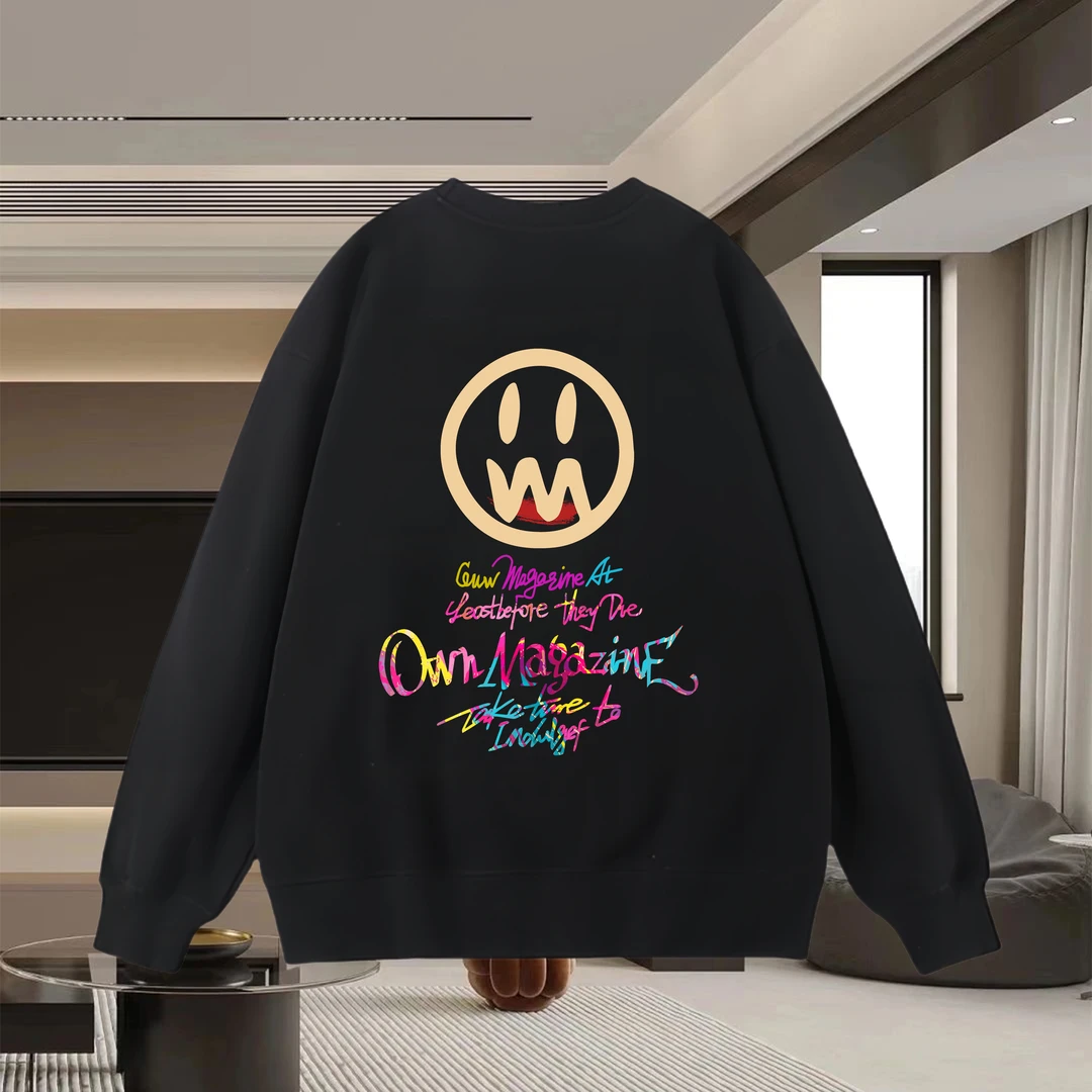 卫衣男2024年新款春秋薄款宽松圆领休闲加绒潮流笑脸涂鸦男装外套