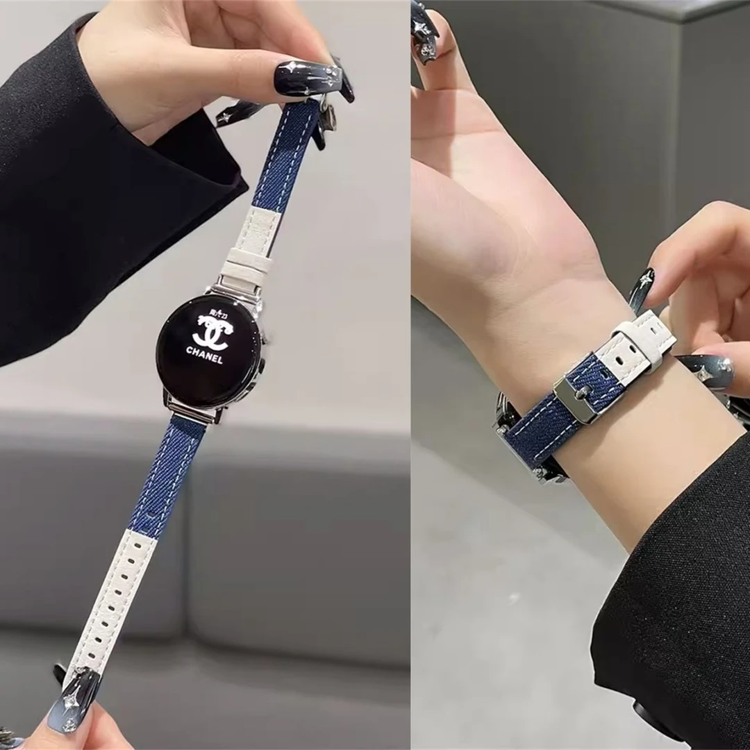 ins适用华为GT4/3新款牛仔拼皮质表带watch4/3/2秋冬18mm替换腕带