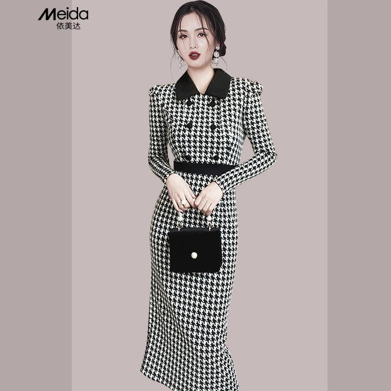 女神范翻领职业黑白拼接连衣裙秋季2024新款配大衣洋气包臀裙子