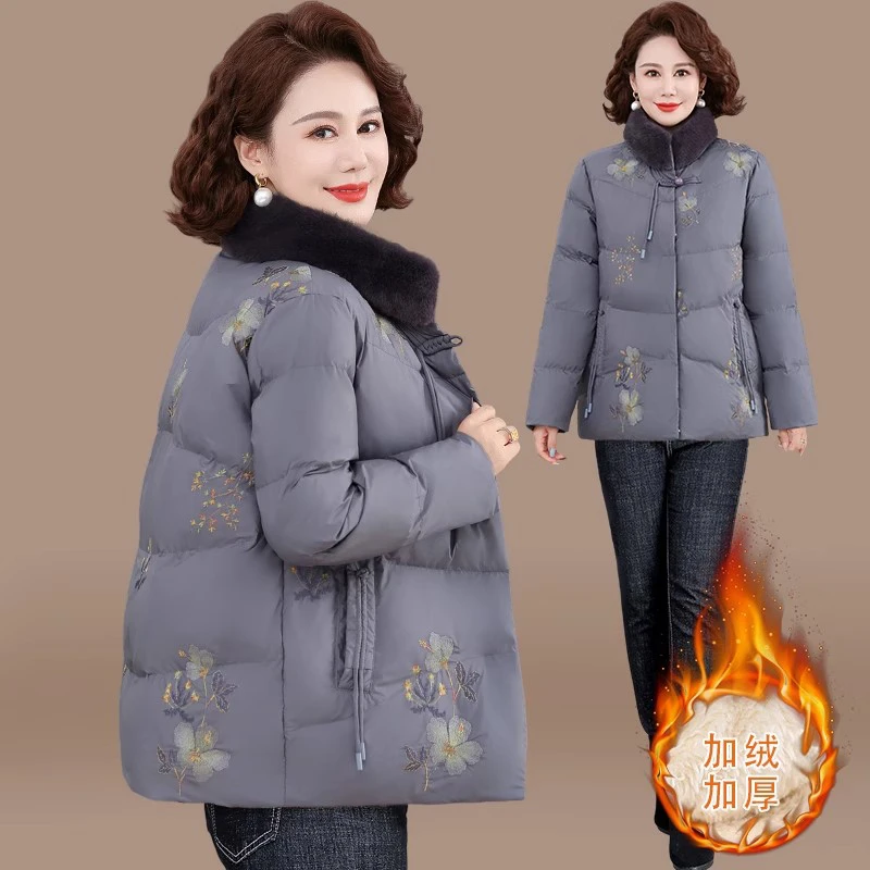 中年妈妈冬装加绒加厚棉袄外套中老年棉衣女洋气高贵大码国风棉服