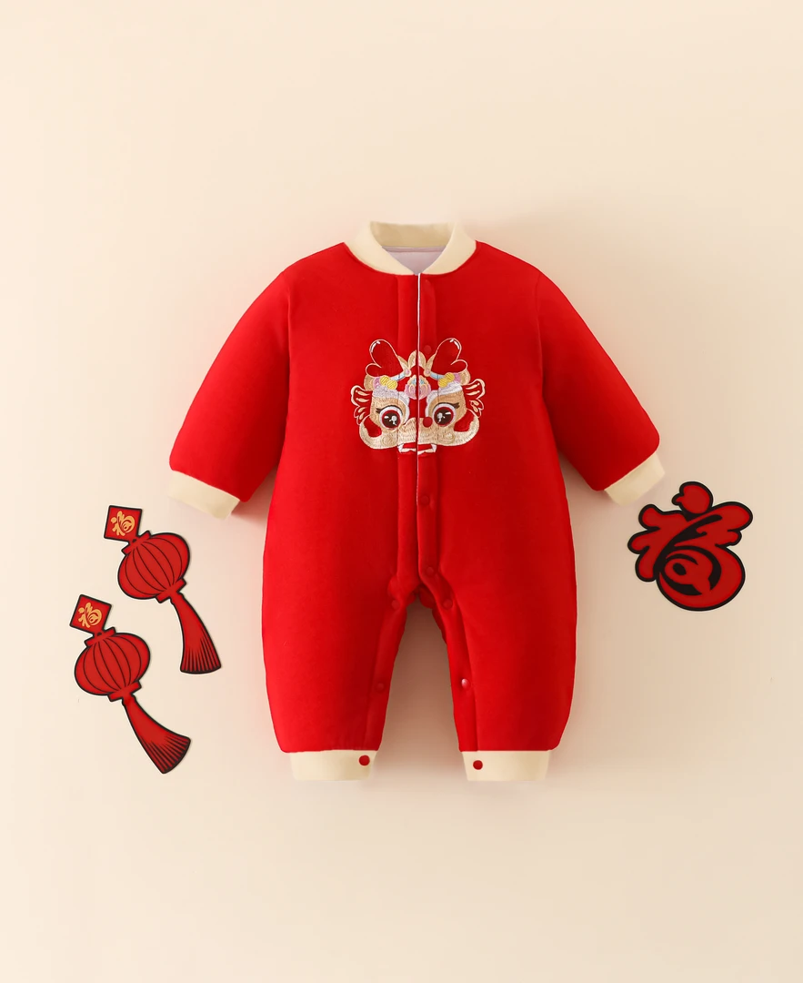 【刺绣加棉】喜庆拜年棉服新生儿衣服秋冬季婴儿连体衣满月宝宝爬服