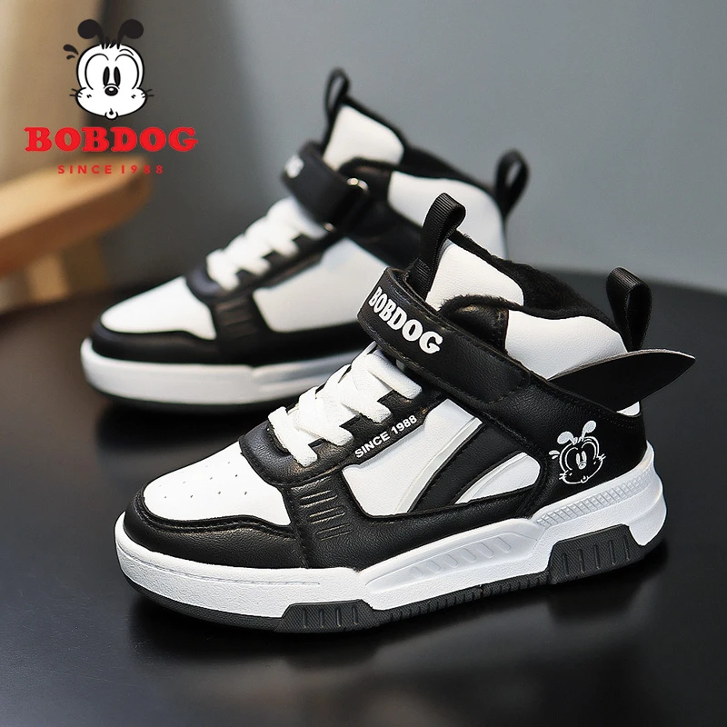 巴布豆童鞋男童2025冬季新款儿童皮面运动板鞋女孩加绒加厚二棉鞋