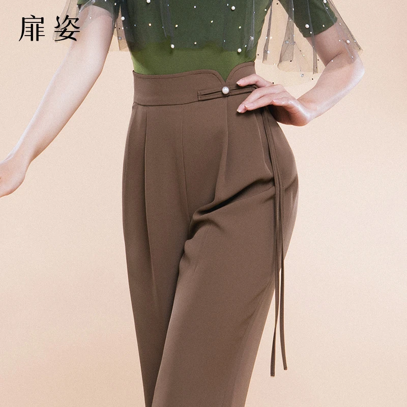 FZ 摩登舞裤女中国风盘扣交谊舞西裤拉丁舞裤显瘦垂感长裤F2056