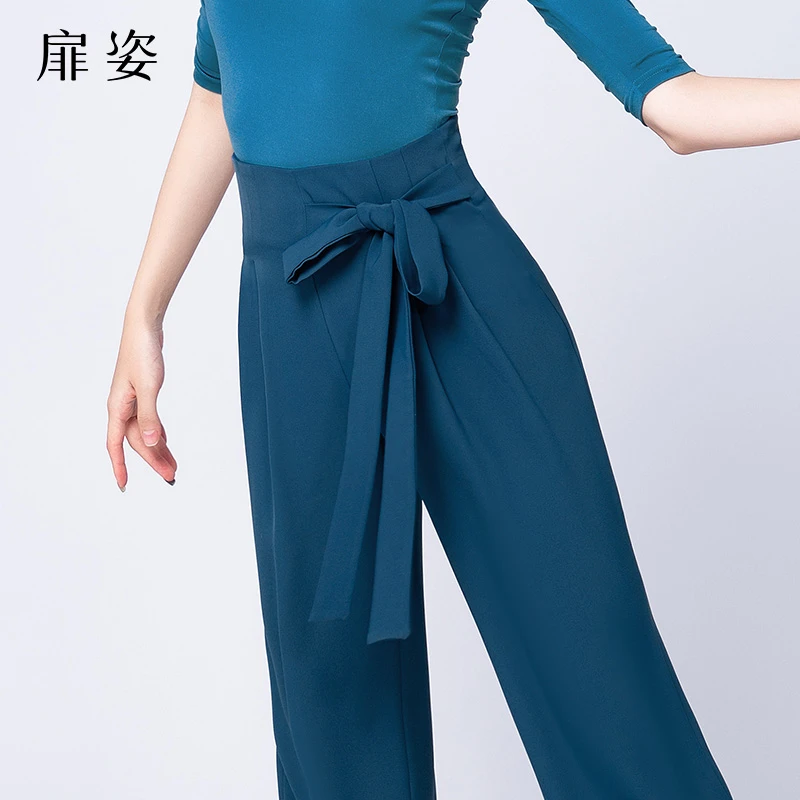 FZ摩登舞裤子女专业交谊舞西裤国标舞跳舞长裤系带舞蹈裤F2018