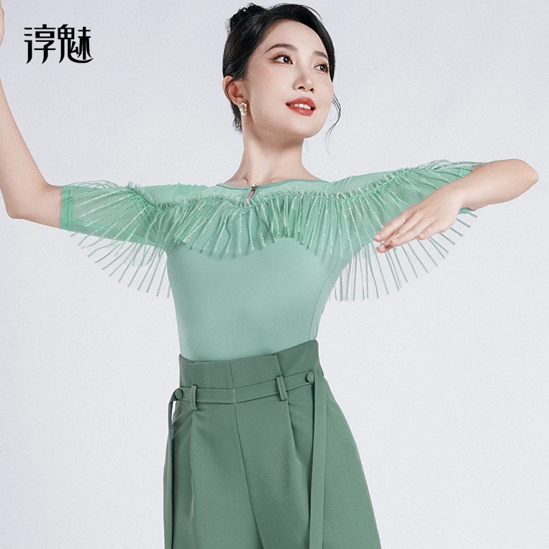 摩登舞上衣女夏季吉特巴练功舞衣荷叶边圆领跳舞显瘦分体衣M1100