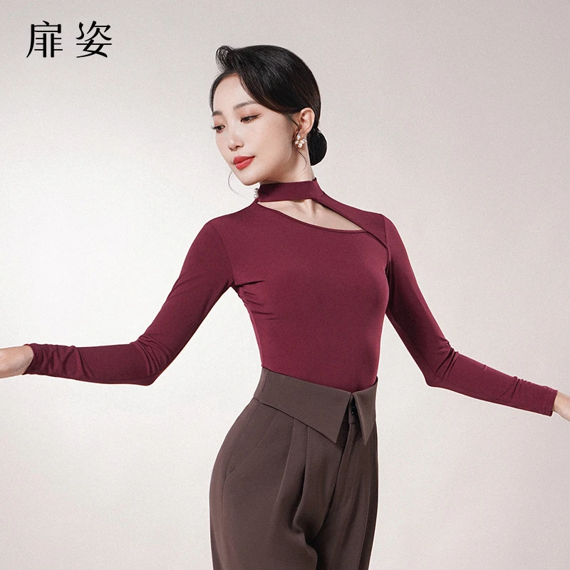 扉姿 摩登舞服女长袖练功服分体上衣拉丁舞广场舞训练t恤F1108